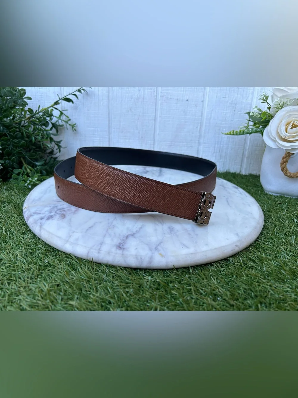 Salvatore Ferragamo Brown Leather Double Gancini Belt Strap Only